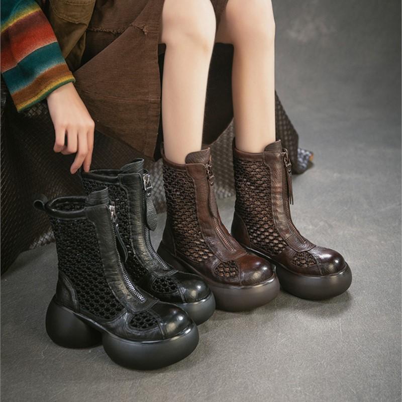 Johnature Genuine Leather Patchwork Mesh Thick Heel Hollow-out Boots Retro Women's Platform Shoes