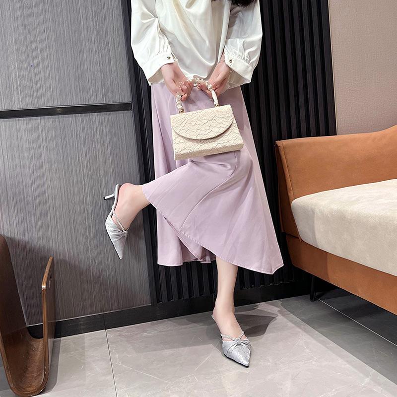 2025 New Chinese Style Satin Pointed Drill Belt Thin Heel Pointed Bag Head Wrinkled Half-drag Temperament Women's Heels