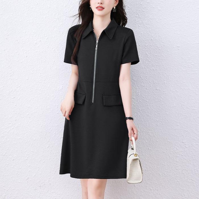 

Korean casual lapel black dress women s summer new small Polo collar chic design T-shirt skirt M