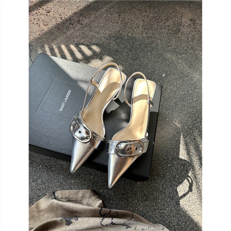 

2025 spring and autumn new empty single shoes women s metal buckle thin pointed thin heel medium heel bag head sandals high heel 39 серебряный