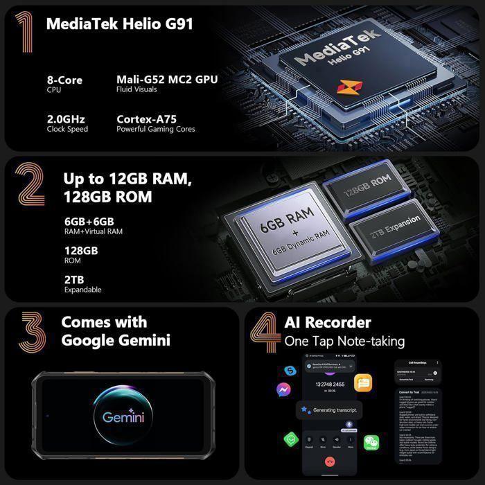 Smartphone Robuste 5G Ulefone Armor X16 12Go+128Go 6,56" 10360mAh Telephone Portable Incassable Android 15 Dural SIM/NFC/48MP Noir