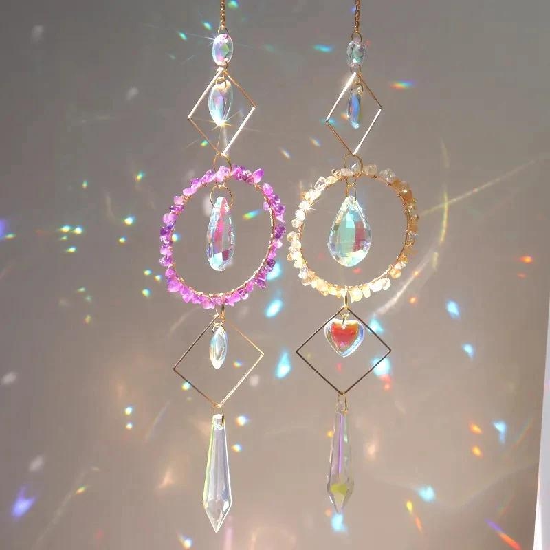 Crystal Sun Catcher Hanging Pendant Wind Chimes Chakra Artificial Agate Raw Stone Crystal Stained Glass Home Window Decoration