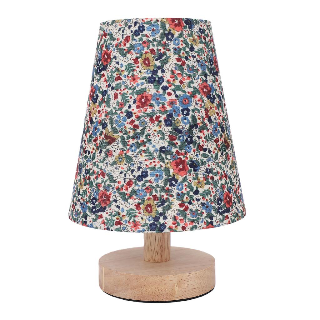 Floral Table Lamp Vintage Wooden Base Fabric Night Lamp Dimmable with Power Off Memory Safe USB Powered for Bedroom