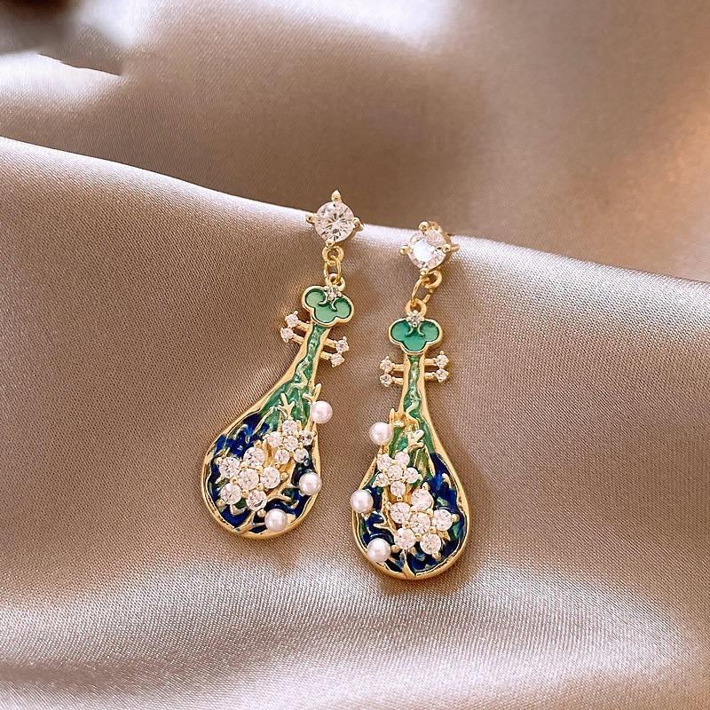 Monet garden oil painting style flower pearl earrings light luxury stud earrings French sweet small fresh earrings women