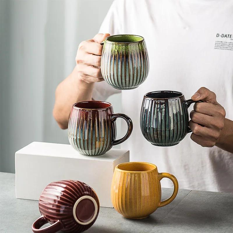 Kiln Glaze Coffee Mug Creative Vertical Pattern Coffee Cup with Handle Coffee Cup Large Capacity Ceramic Tea Mug Retro Water Cup