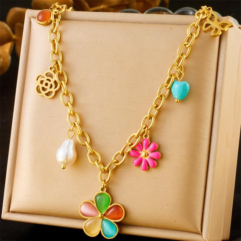 Women s  Colorful Enamel Flower Pendant Pearl Charm Titanium Steel Necklace Jewelry one size