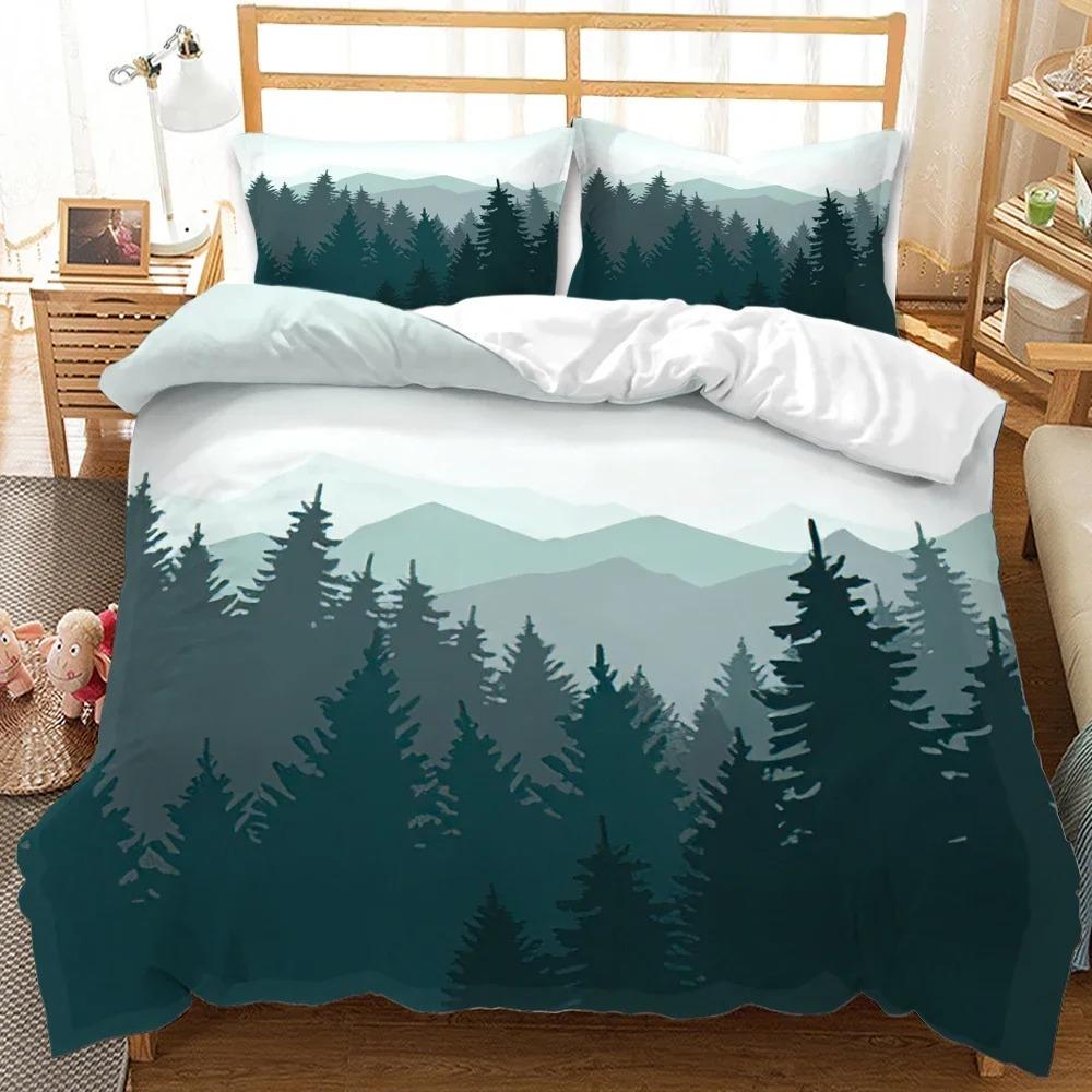 3D Mountain Forest Duvet Cover Set Snow Mountain Winter Theme King Queen Size Comforter Cover for Kid Teen Polyester Bedding Set