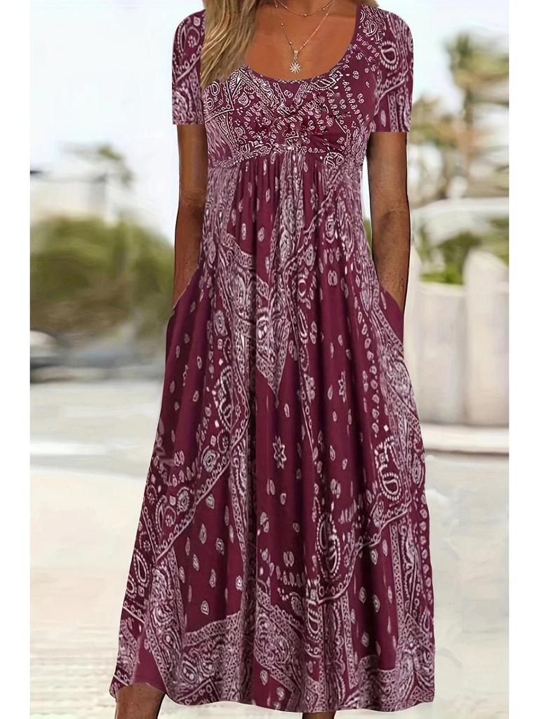 Europäisches & Amerikanisches Sommer Retro Print Mittelhoher Taillenlanger Kleid - Kurzarm, Rundhalsausschnitt, Bequemer Lässiger Stil Pullover