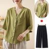 Summer Cotton Linen Lightweight Casual Shirt Set for Middle-Aged Women with Versatile Three-Quarter Sleeves