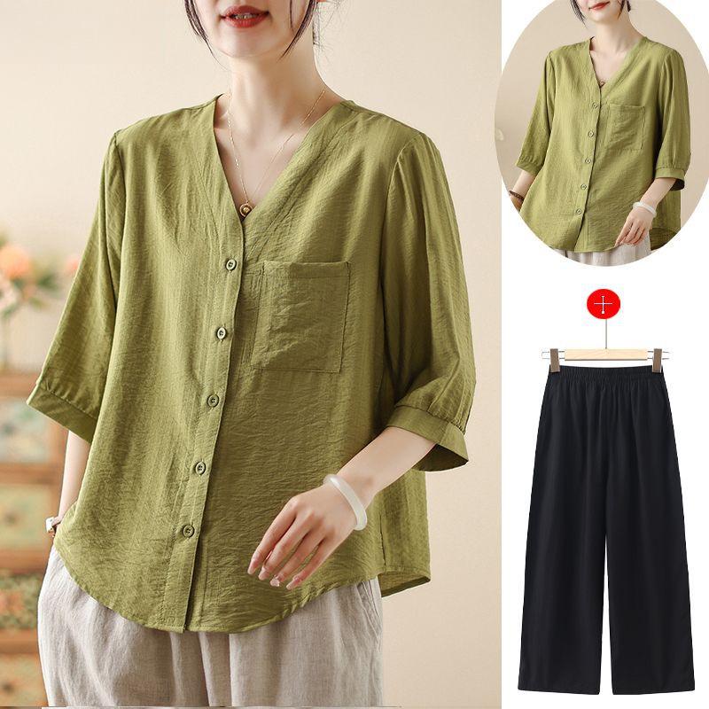 Summer Cotton Linen Lightweight Casual Shirt Set for Middle-Aged Women with Versatile Three-Quarter Sleeves