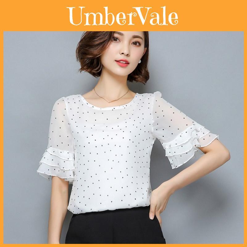 Summer Women Polka Dot Print Short Trumpet Sleeve Tops Stylish Casual Shirt