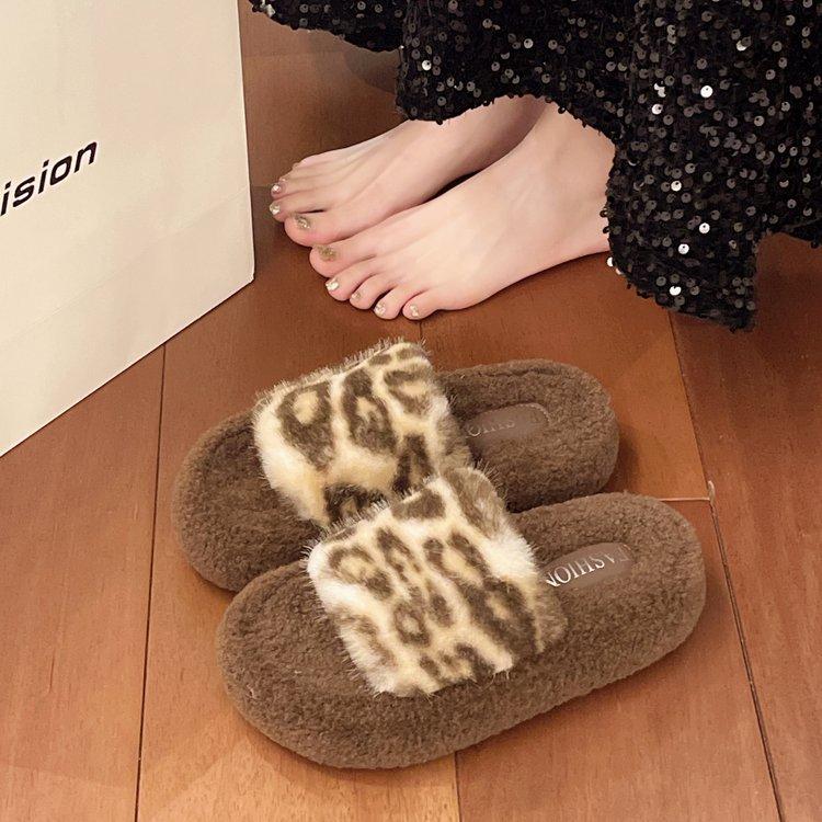Leopard Print Platform New Autumn And Winter Fashion Home Furry Cotton Slippers