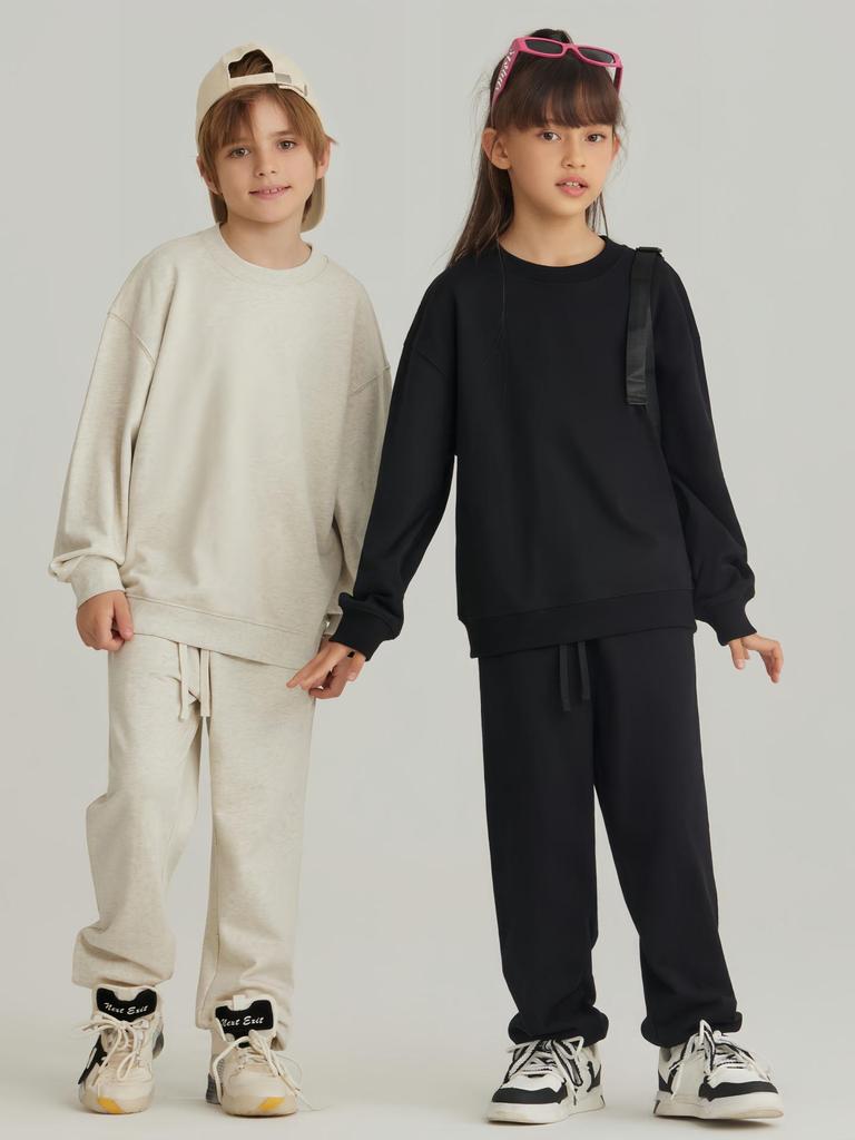 2026 Spring Terry 430g Kids Trendy Hoodie & Sweatpants Set - Casual Streetwear for Boys & Girls