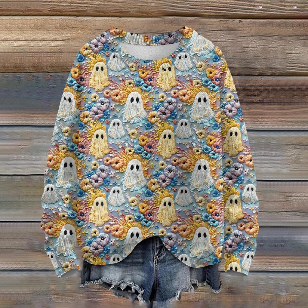 Ladies' Fashionable Casual Long Sleeved Halloween Printed Round Neck Knitted Yarn