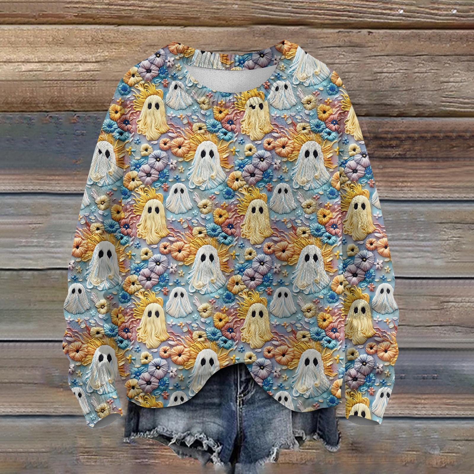 

Женский модный повседневный трикотажный пуловер с длинным рукавом и круглым вырезом с принтом на Хэллоуин L