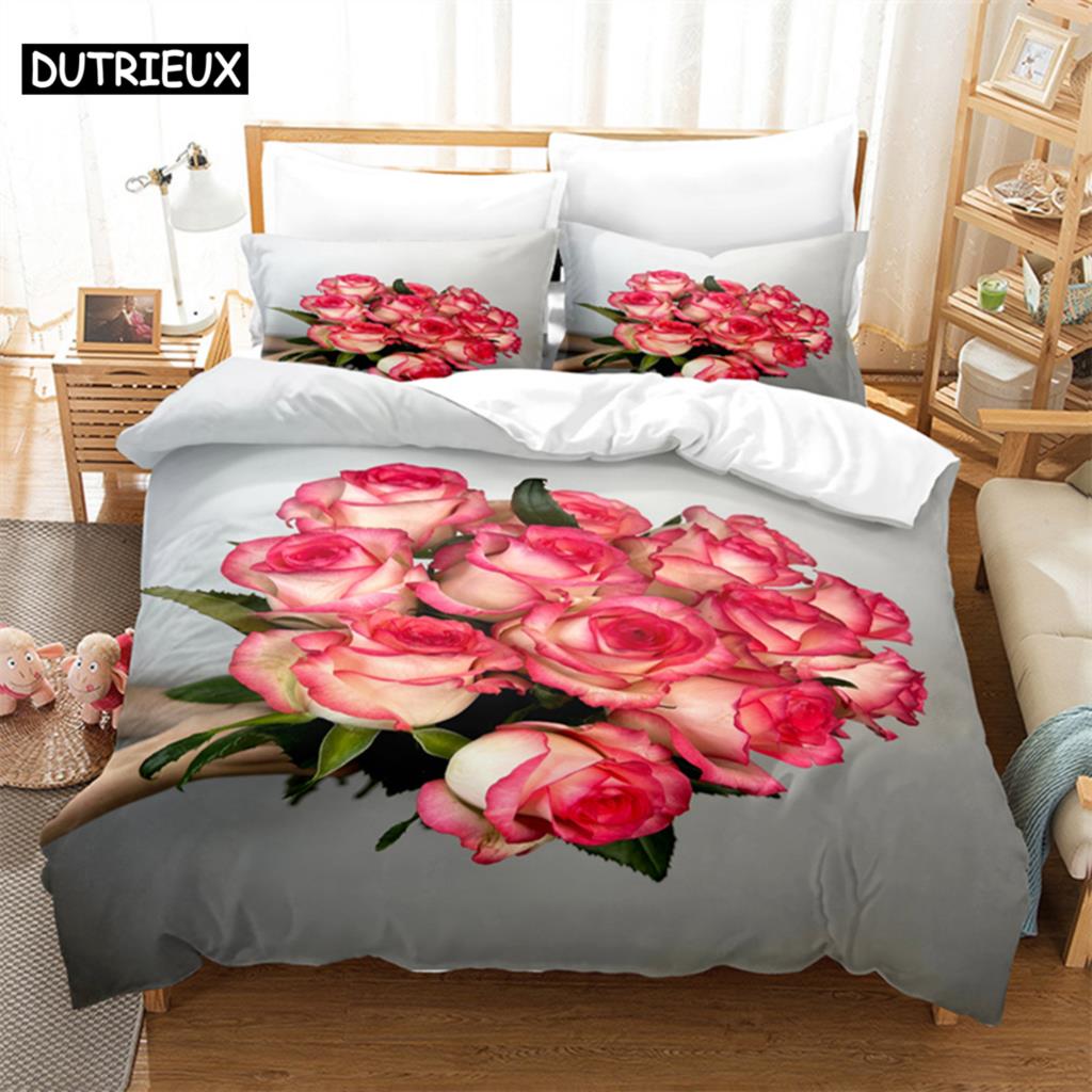 Flower Duvet Cover Set Double Bed Single Red Rose Quilt Cover Thin 3D Comforter Bedding Sets 3pcs 2Pcs King Size Full Wedding