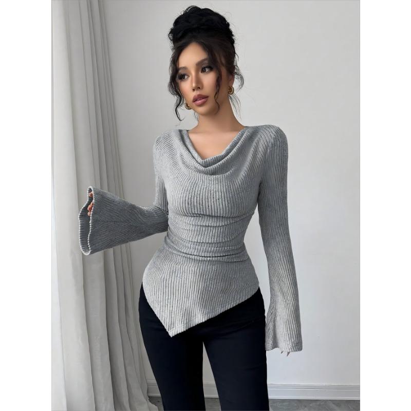 Women Solid Off Shoulder Slim Fit Ribbed Knit Long Sleeve Commute Bottoming Top