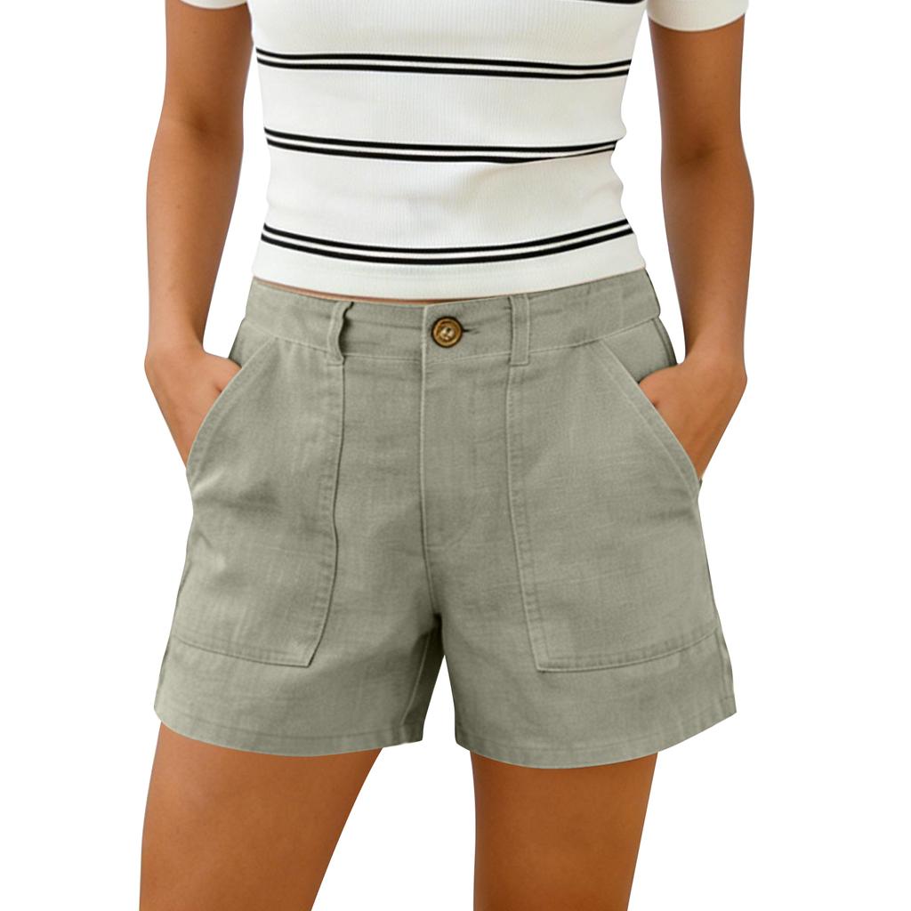 Women's Cotton And Linen Shorts, With Pockets, Soft Button Closure, Zipper, Slim Fit.
