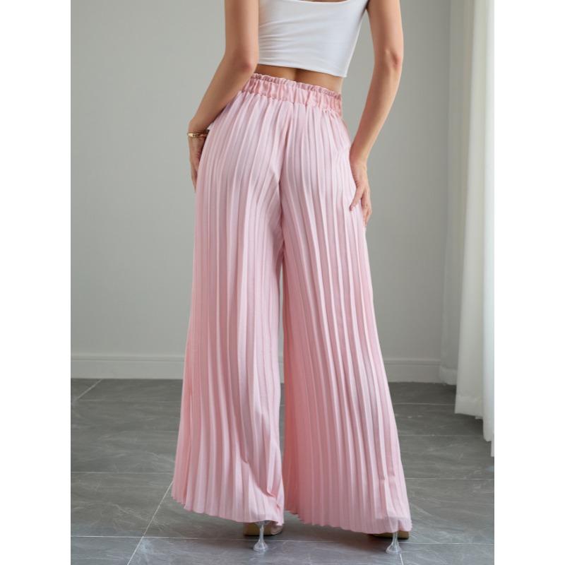 Fashion Loose Pleated Women's Long Pants Solid Color New Folded Elastic Waist Strap Loose Wide Leg Pants Casual Drawstring Trousers