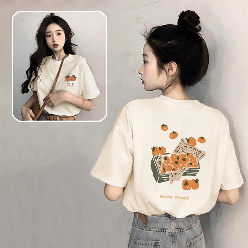

Milk apricot loose cotton short-sleeved t-shirt women s summer new round neck versatile Hong Kong version printed top t-shirt S