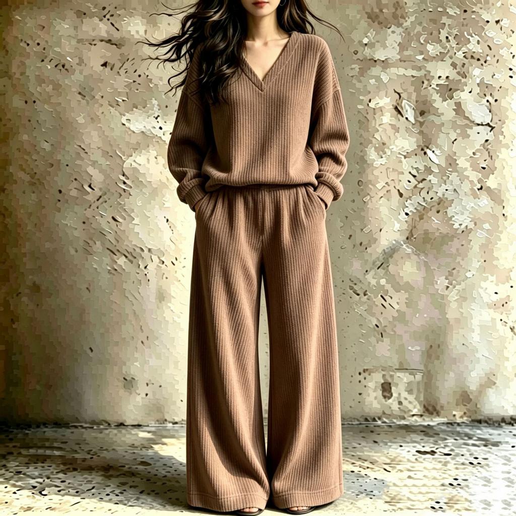 Women's Casual V-Neck Loose Fit Two-Piece Set, Fall Winter Loungewear
