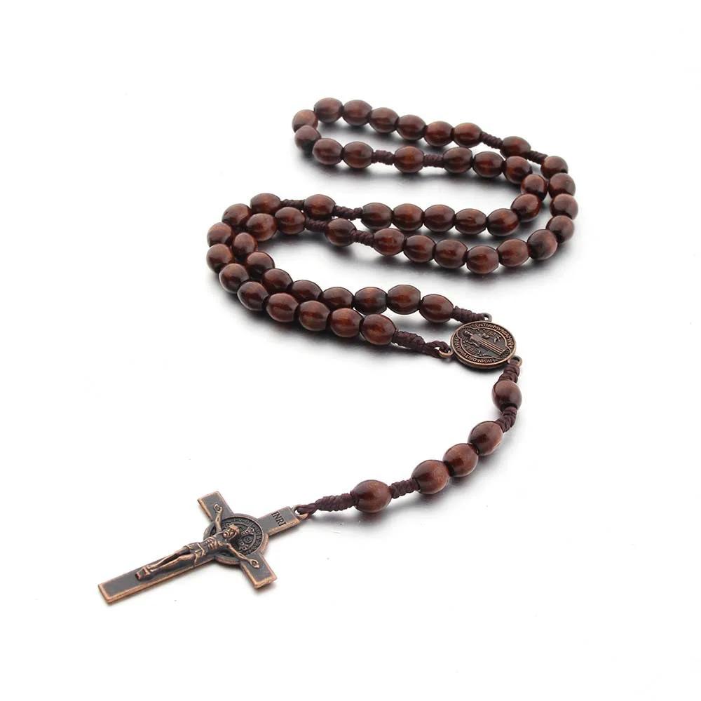 Handmade Weave Saint Benedict Medal Antique Wooden Rosary Cross Car Hanging Vintage Catholic Religious Jesus Ornament