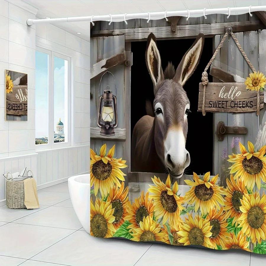 Vibrant Donkey Sunflower Shower Drapery - Machine Washable, Gift Polyester Fabric With Hooks Included - Perfect For Bathroom Dec