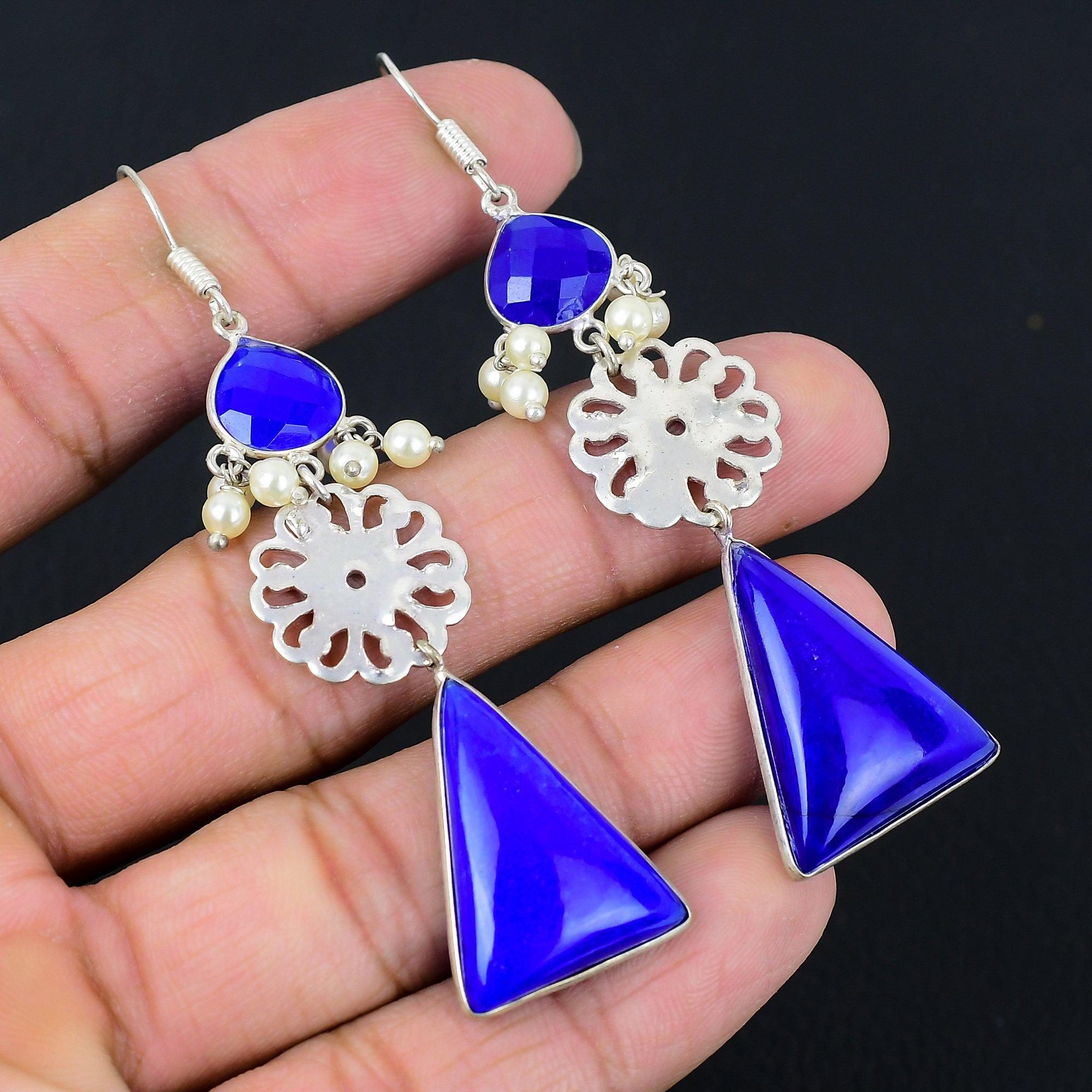 

Sterling Silver Trillion Blue Sapphire Gemstone Birthday Dangle Trendy Earrings