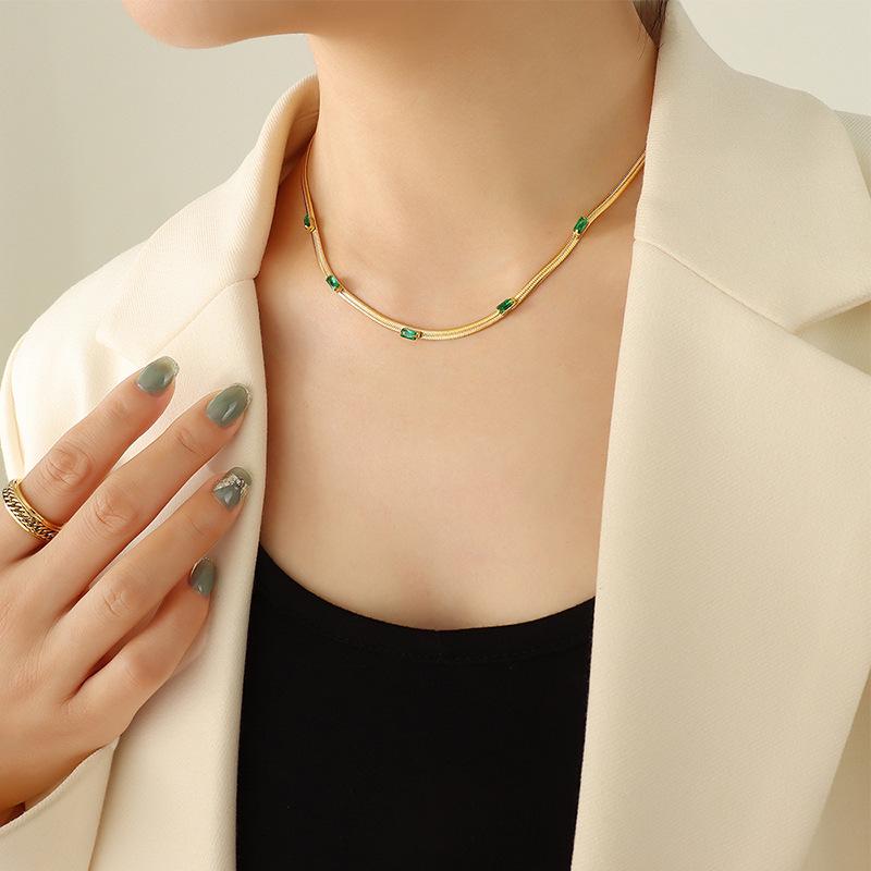 Green Zircon Inlaid Necklace & Titanium Steel Bracelet Set - Minimalist French Style Women's Holiday Gift