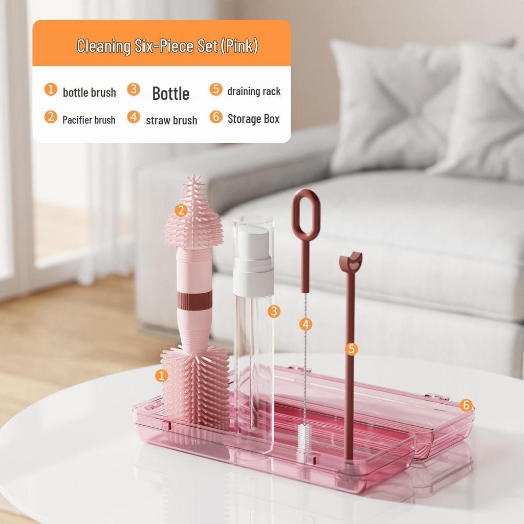 Portable Baby Bottle & Nipple Brush Set with Storage Box and Draining Rack for Travel