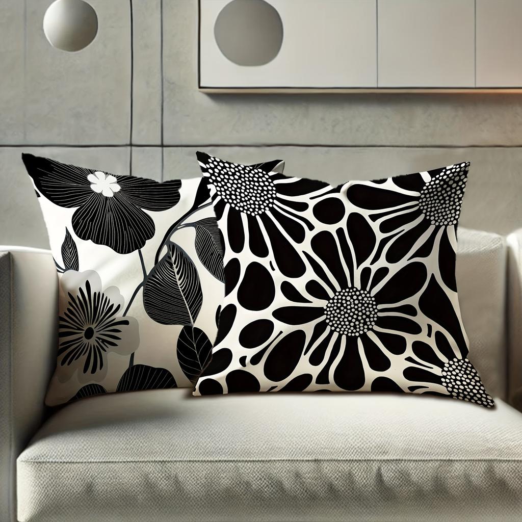 4 Stück Blumen-Kissenbezüge - Modernes Botanisches Dekor Mit Reißverschluss, Weiche Polyester-Kissenbezüge In Schwarz & Grau Für Wohnzimmer