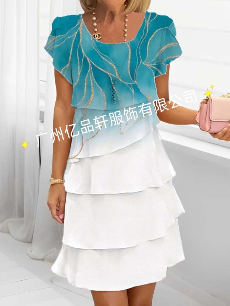 European and American 3D Print Short Sleeve Chiffon Dress