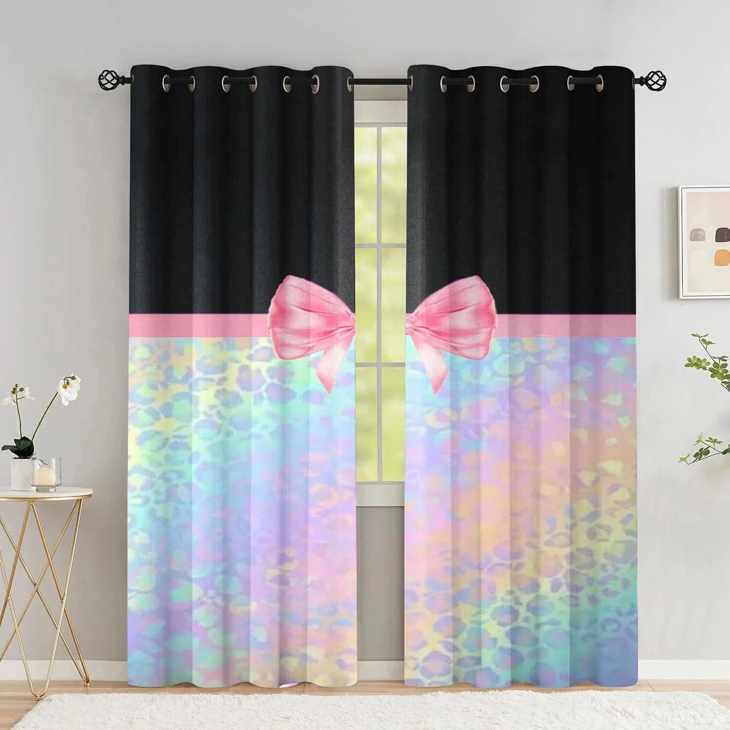 

2 панели, шторы с бантом для девочек, розовые шторы с бантом и леопардовым принтом для спальни, гостиной, оконные шторы с люверсами, верхний стержень, карман W50xH130(CM)x2PCS-Rod pocket