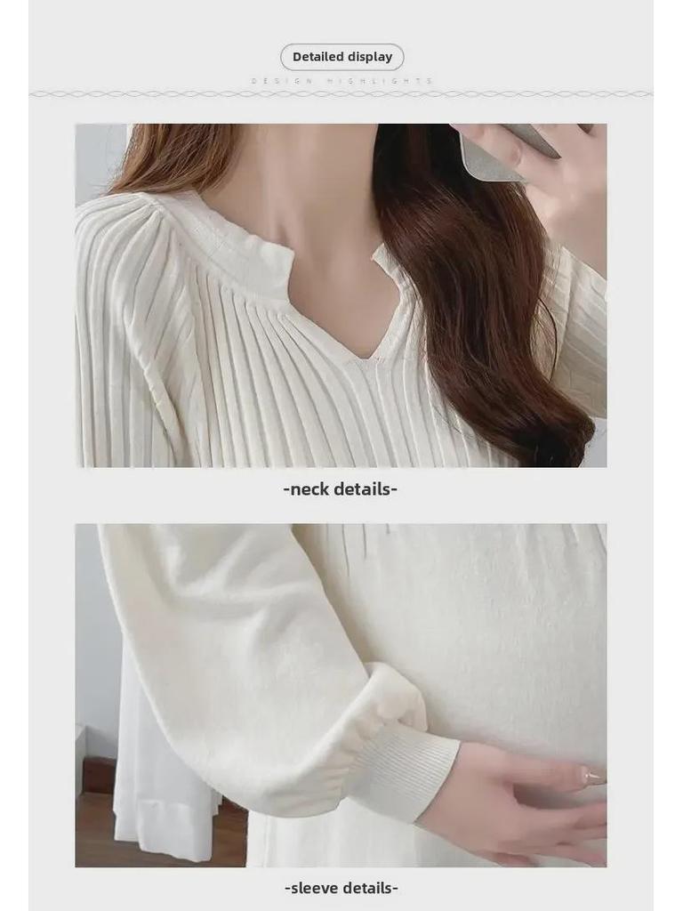 Korean Style Long Knitted Maternity Sweater Dress for Autumn/Winter