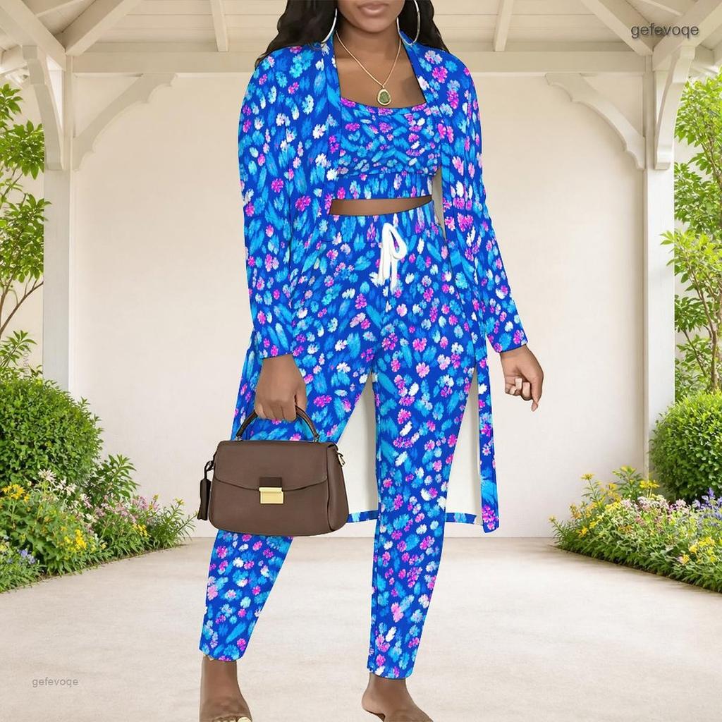 Women Plus Size Tropical Printed Three Piece Set Long Sleeve Open Front Cardigan Strappy Top Long Pants