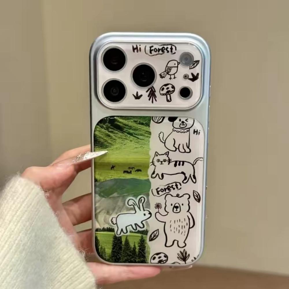 Cute Cartoon Doodle Grass Line Animals Case for iPhone 17 Pro Max 16 Pro New Korean Style Anti Drop Phone Cover
