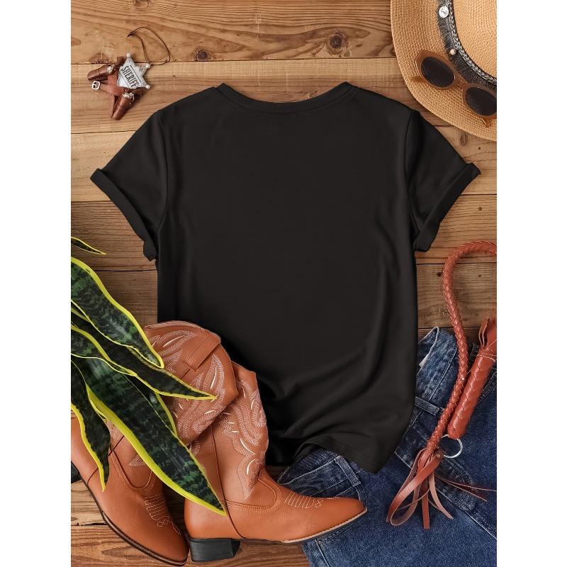 Heart Print Crew Neck T-Shirt, Casual Short Sleeve Top For Spring & Summer, Women's Clothing European Size