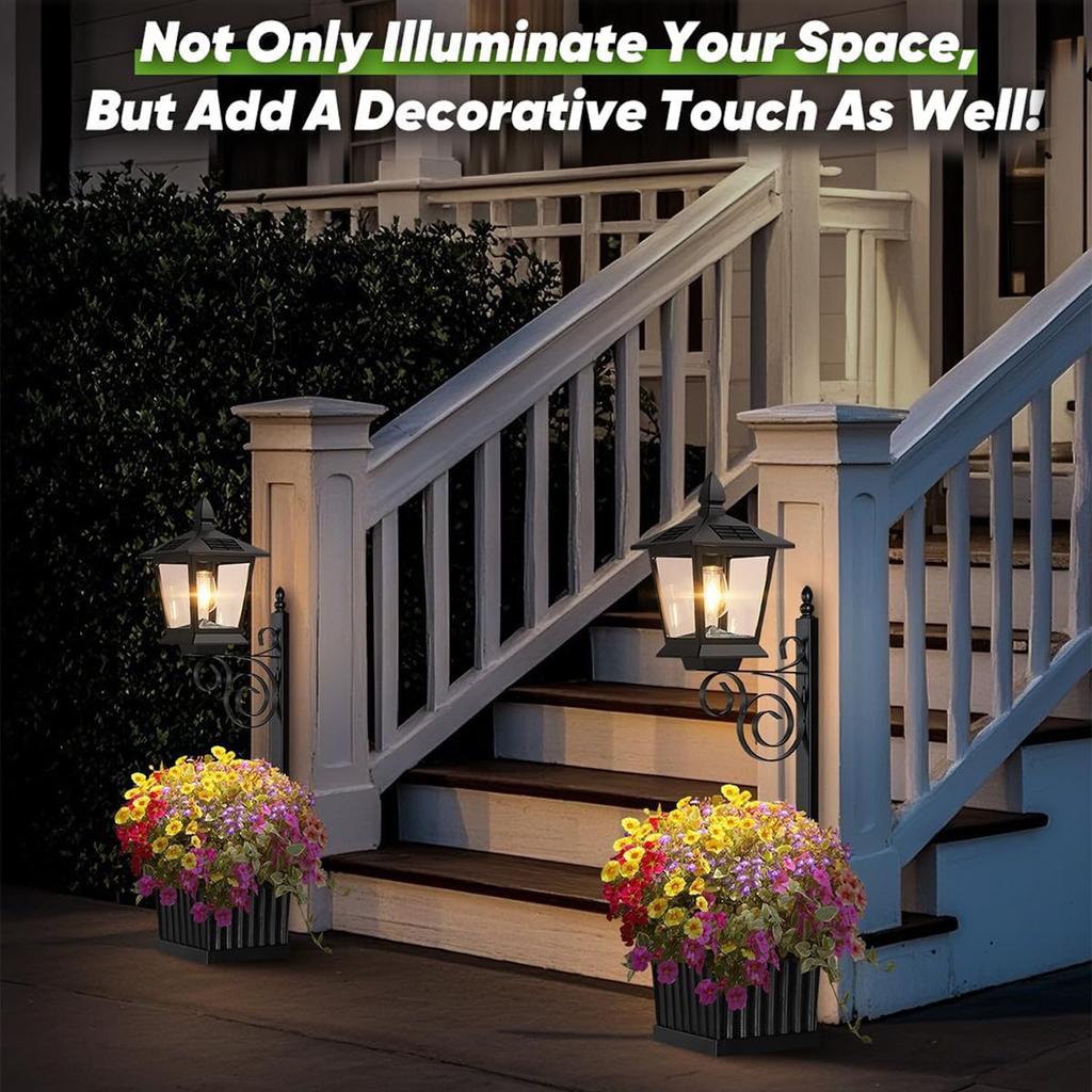 2 in 1 Solar Flower Pot Light 2-in-1 Outdoor Planter Floor Lamp Warm White Waterproof IP54 Iron Lantern for Garden Patio Porch