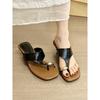 Fishing Hot Girl Feeling! Retro Square Head Set Toe Flip-flops Female Summer Metal Buckle Word with Thick Heel Sandals