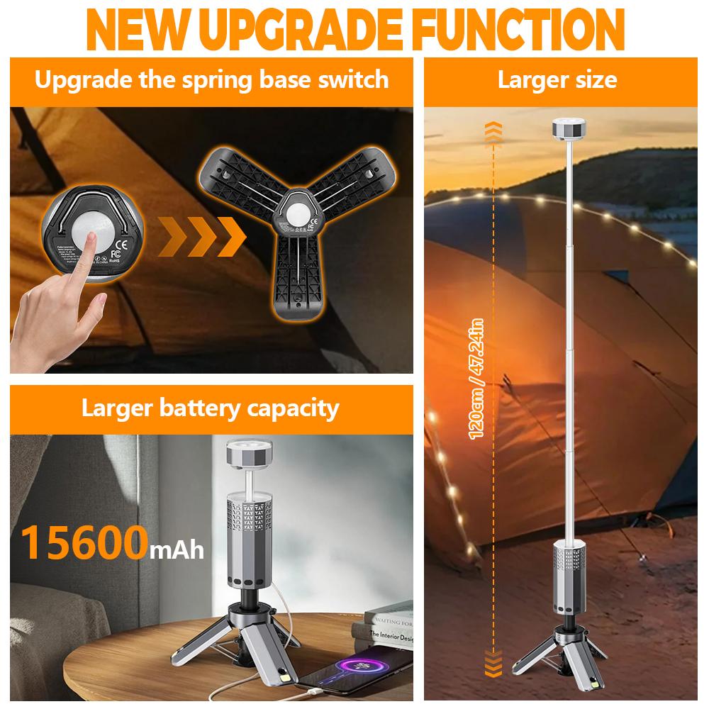 15600mAh Camping Lights Rechargeable Telescopic Portable Tent Magnetic Lantern Collapsible Flashlight Hiking Fishing Travel