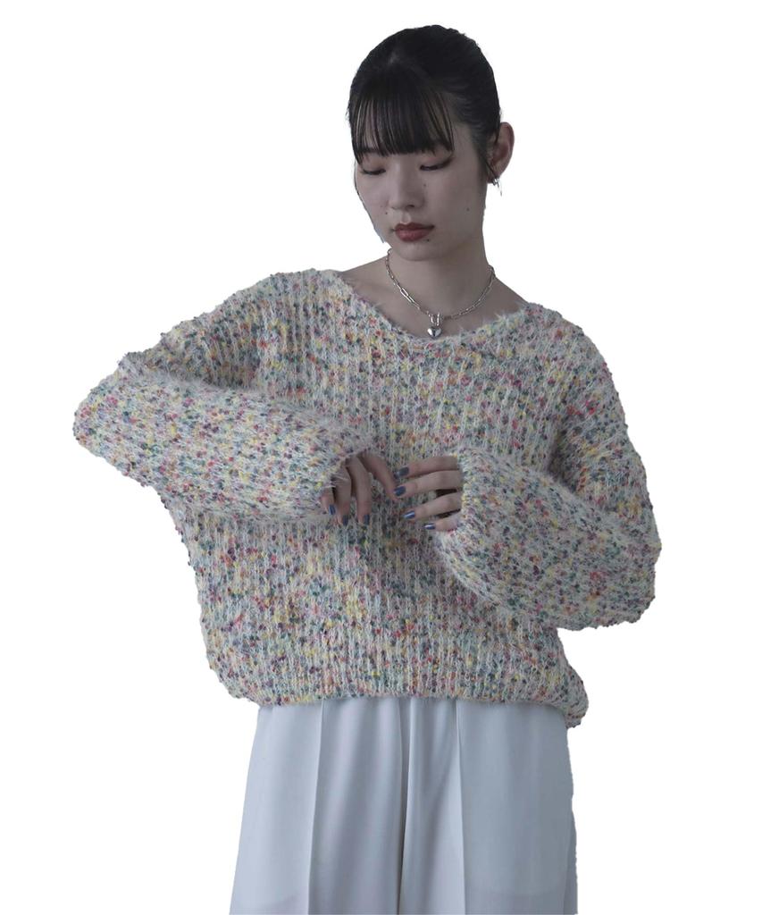 miette Color Nep Oversized Knit REW18105 Free Size Ivory V-Neck Women's
