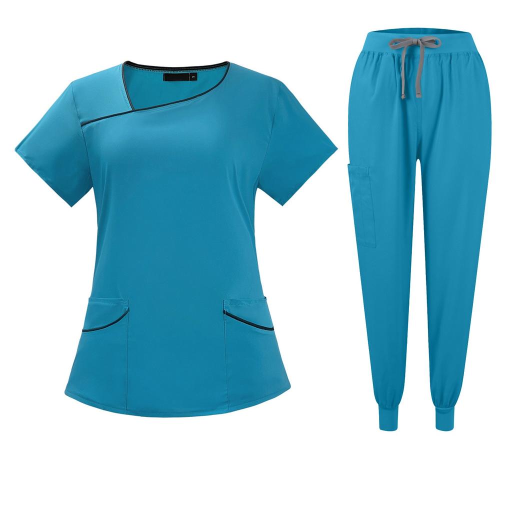 Women's Quick Drying Fabric Color Slanted Collar Pocket Short Sleeved Pants Set Workwear