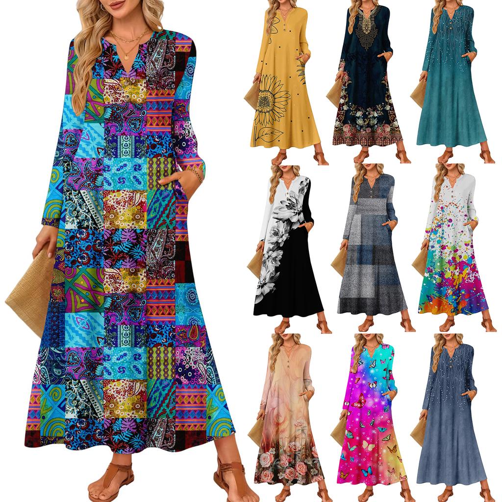 Women Retro Printed Long-sleeved Comfortable Loose Dress, Elegant Dress
