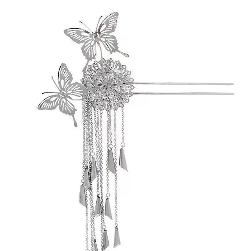 1 Pcs Women Fashion Butterfly Flower Hairpins Exquisite Long Tassel Wedding Headwear Zinc Alloy Material Accessories Gifts