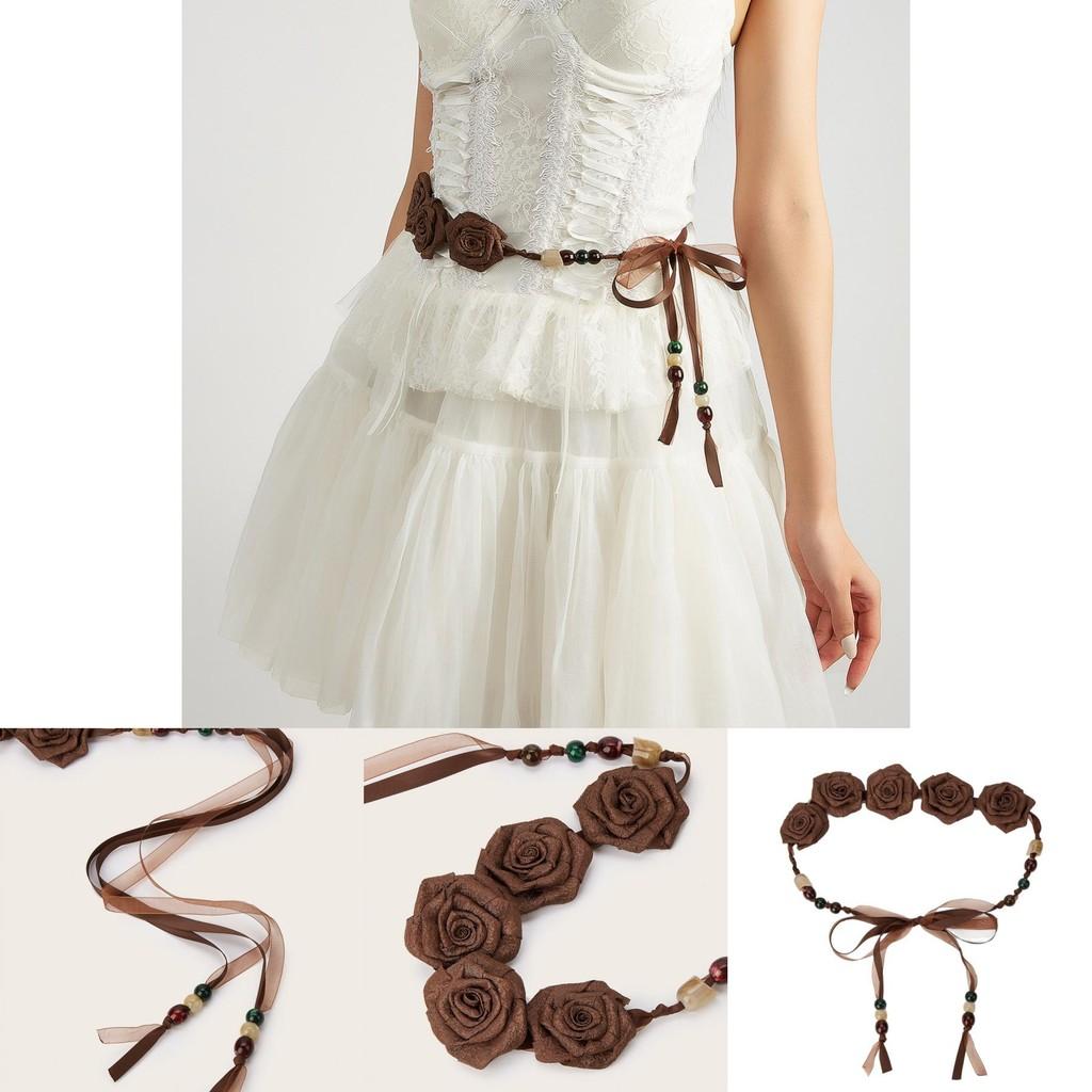 Retro Bohemian Waist Cord With Fabric Flower Embellishment For Dress Styling