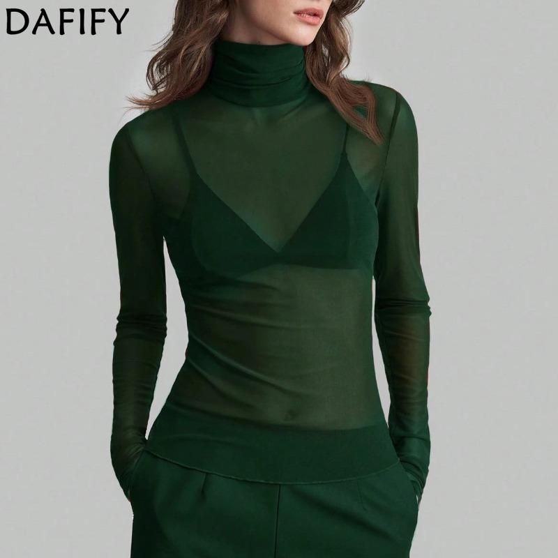 DAFIFY Women's Fashion Casual Spring Autumn Solid Color Print Long Sleeve High Neck Blouses & Shirts