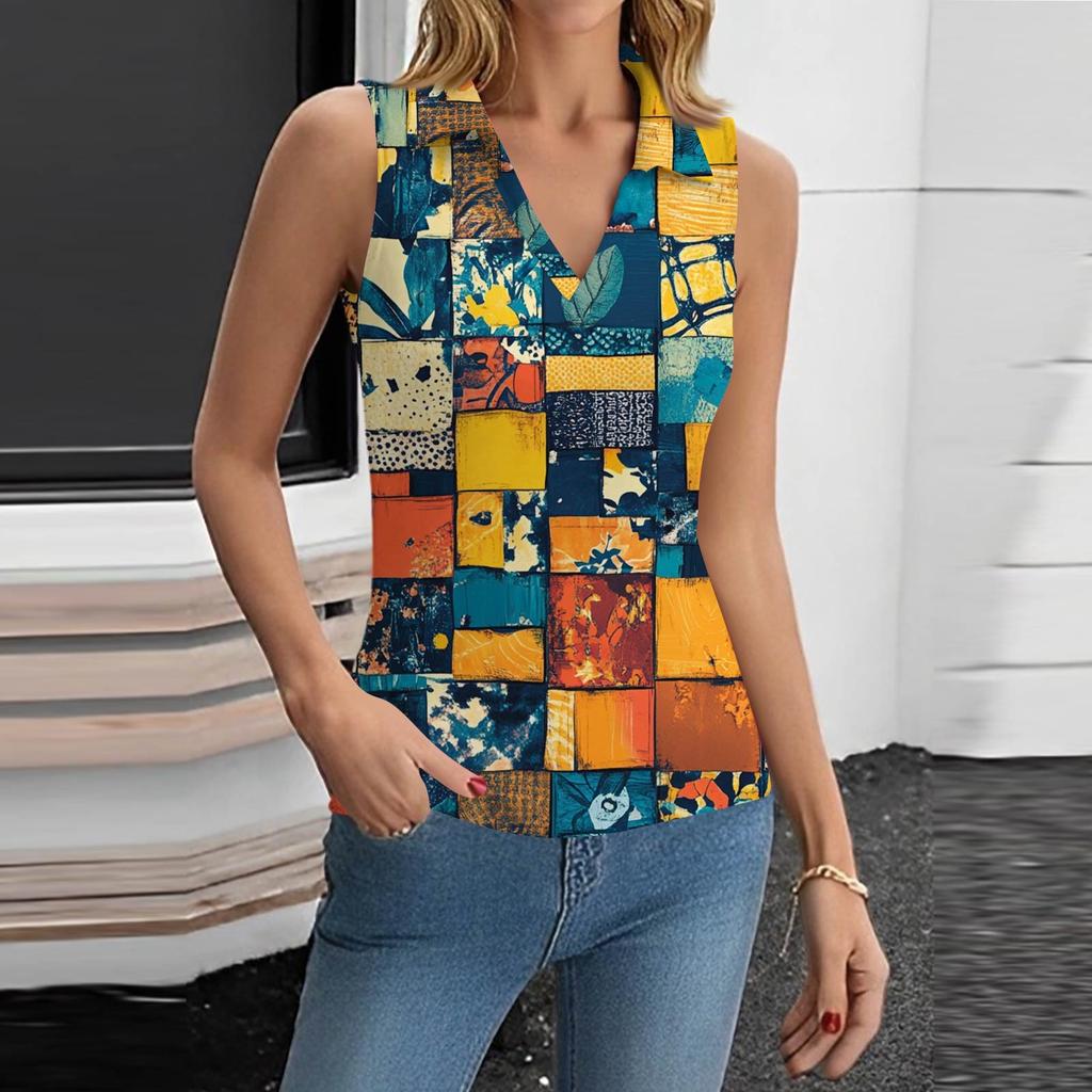 Damen Sommer Mode Lässig Retro Print V-Ausschnitt Ärmelloses Top Skinny Tanktop