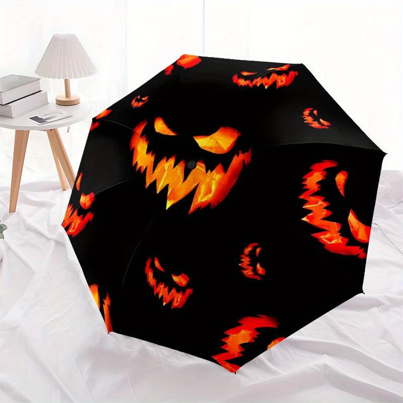 1pc Pumpkin Faces Automatic Open/close Folding Compact Umbrella, 8-Rib Sturdy Canopy, Lightweight Portable, Everyday Use, Gift,094
