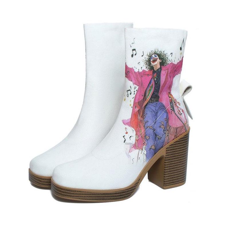 Fashion Autumn and Winter New Round Head Short Boots for Women Chunky High Heeled Graffiti Women Shoes Fashion Platform Slip On Botas