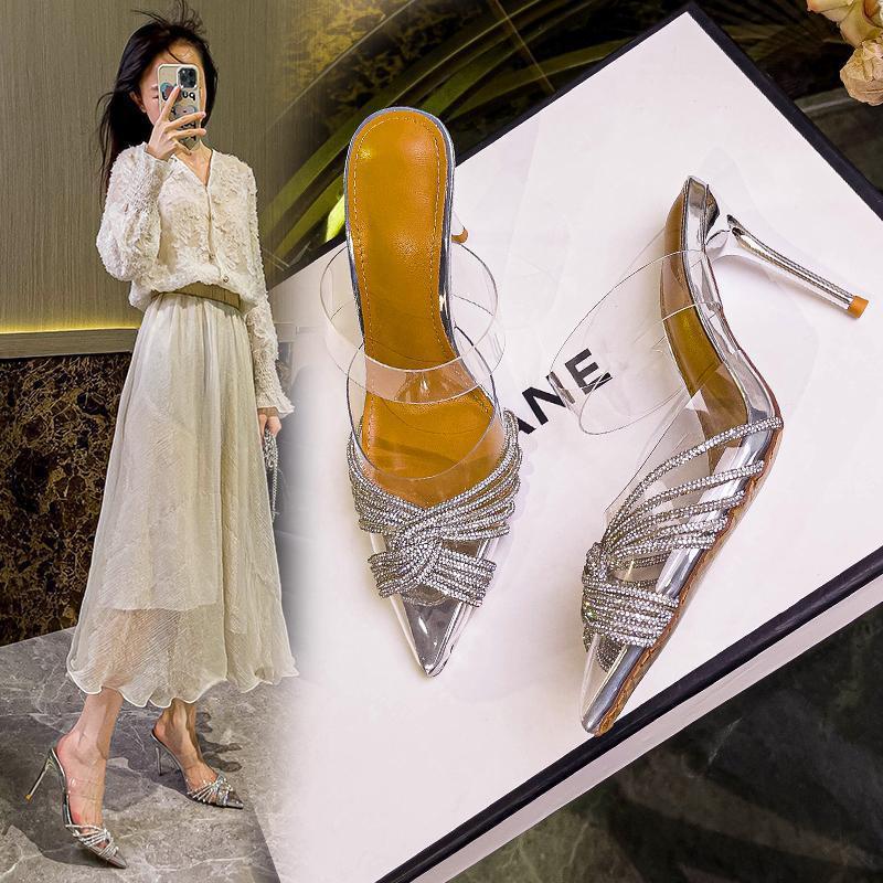 2025 Sommer neue Internet-Berühmtheit spitz transparent Strass dünner Absatz Tasche Kopfschmuck Halbschlappen europäisch-amerikanische High Heel Damen Sandalen